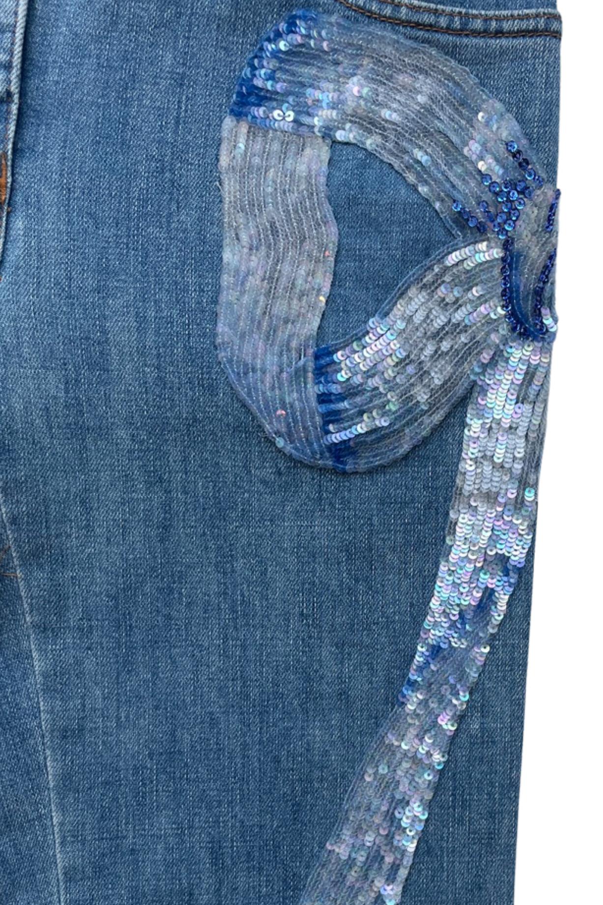 Valentino Sequin Bow Print Jeans 2006 In Excellent Condition For Sale In Los Angeles, CA