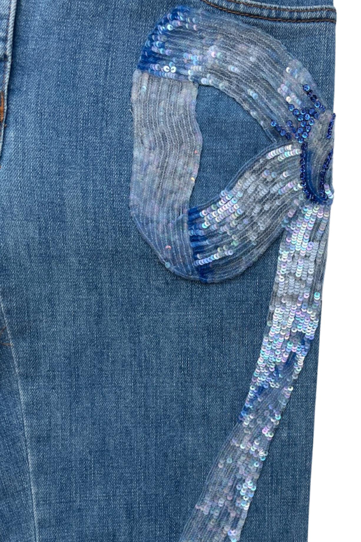 Donna Jeans Valentino con stampa fiocco di paillettes 2006 in vendita