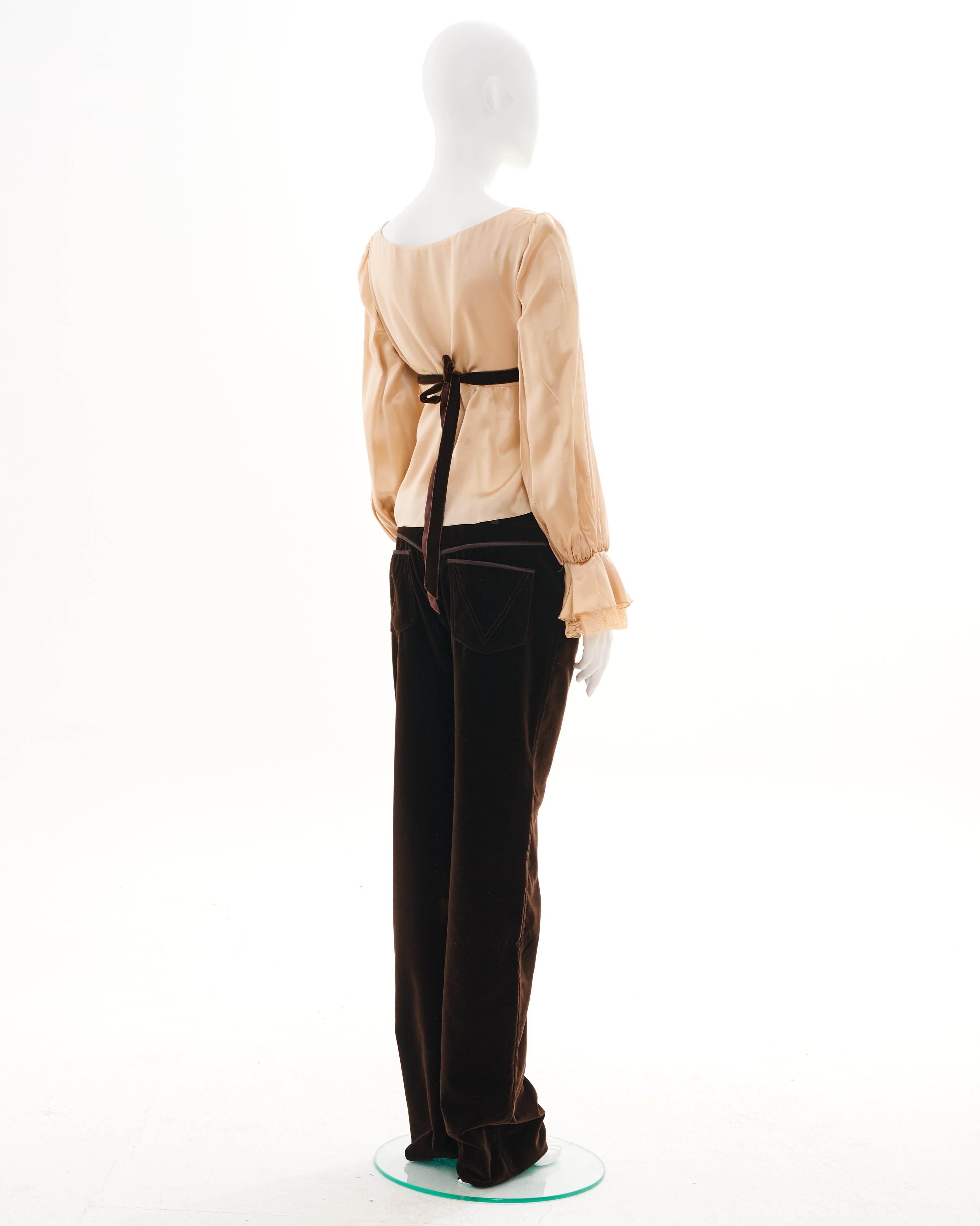 Beige Valentino Set Silk Cream Top and Velvet Brown Trousers For Sale