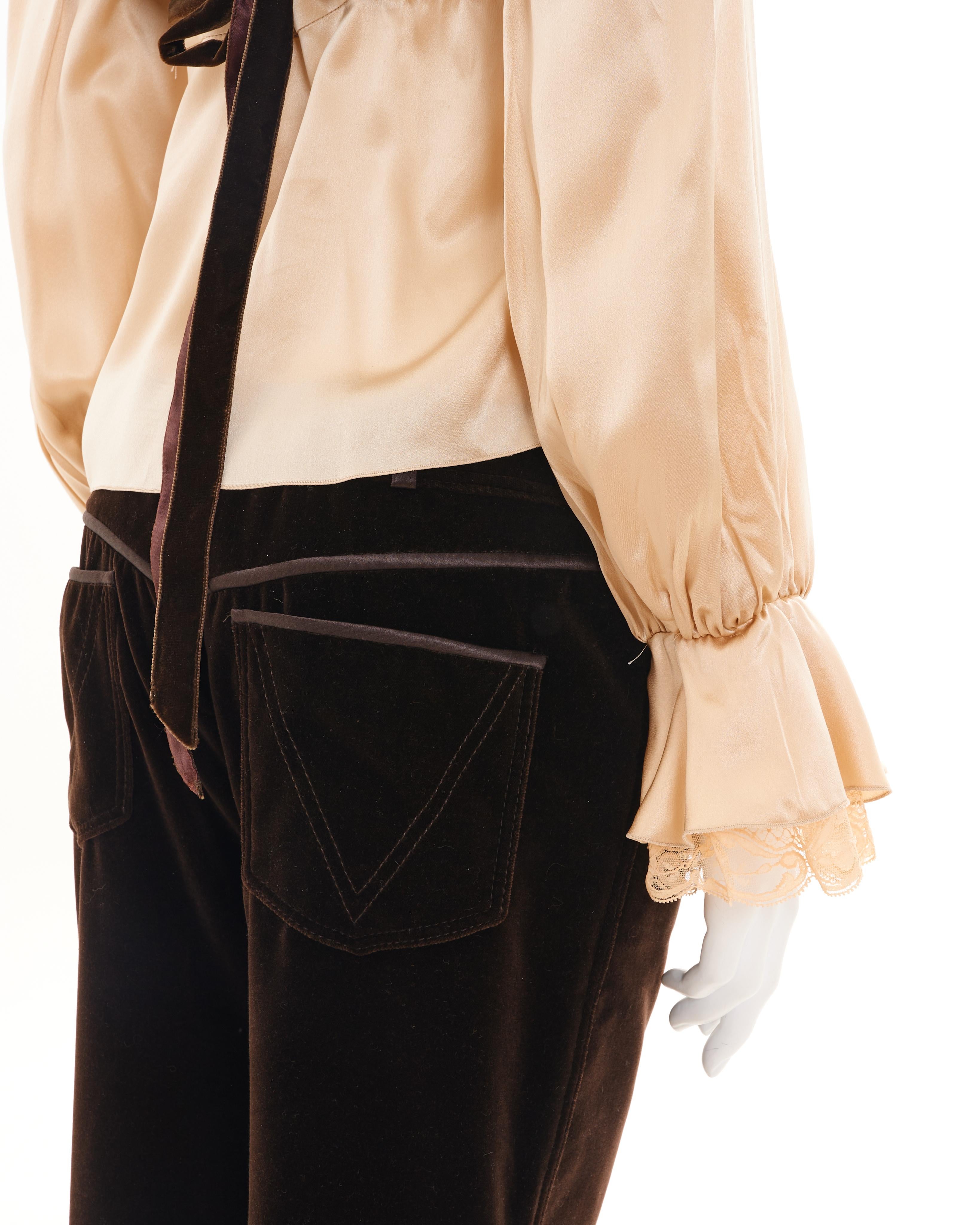 Women's Valentino Set Silk Cream Top and Velvet Brown Trousers For Sale