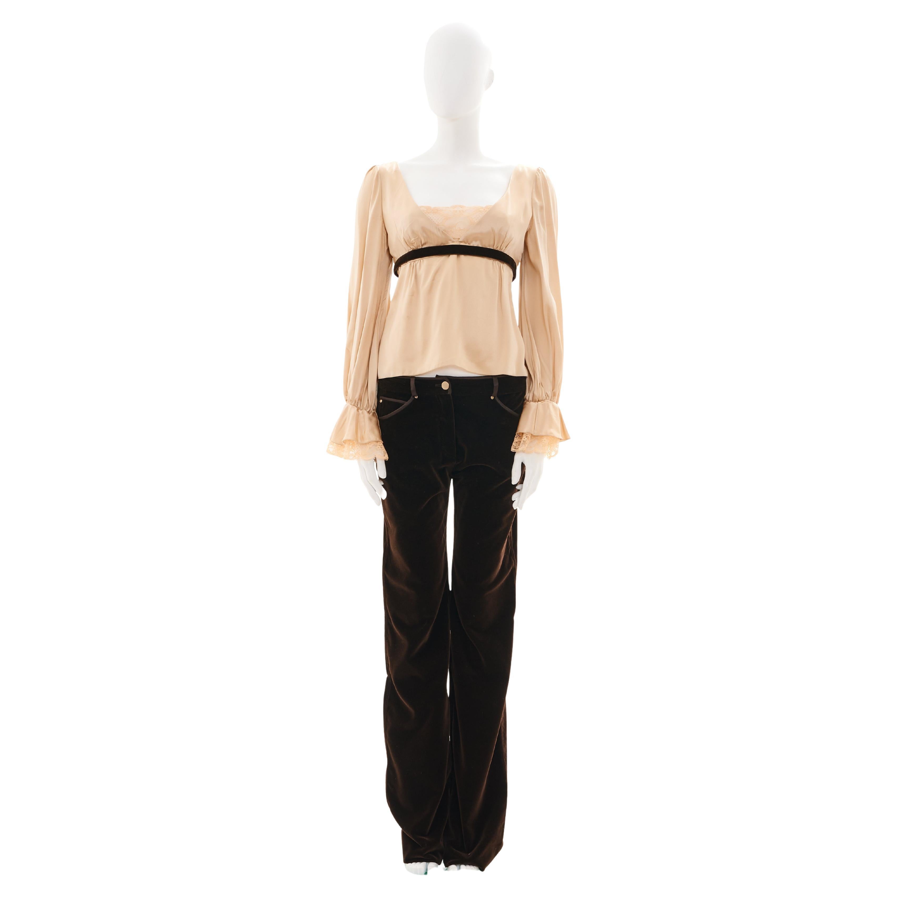 Valentino Set Silk Cream Top and Velvet Brown Trousers For Sale