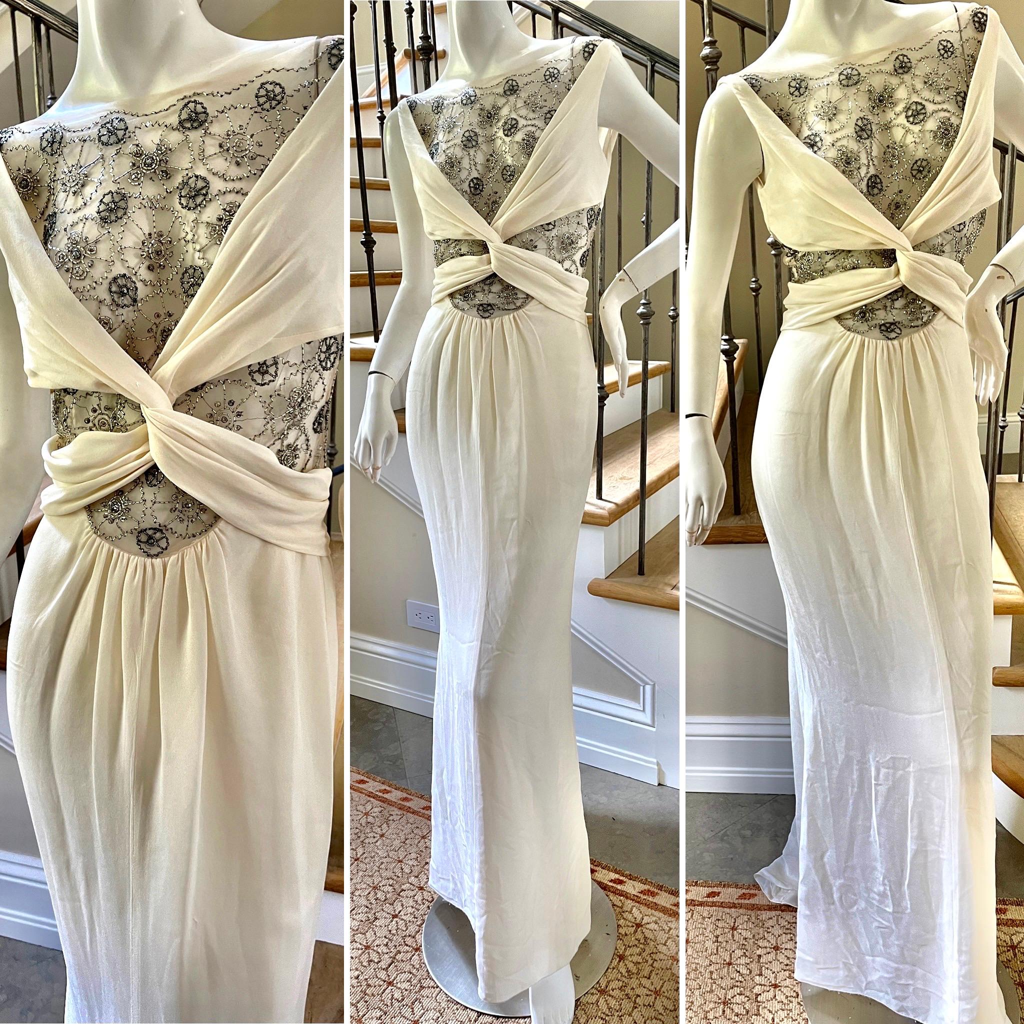 Valentino Sexy Sheer Bead Embellished Ivory Evening Dress from 1994 In Good Condition In Cloverdale, CA