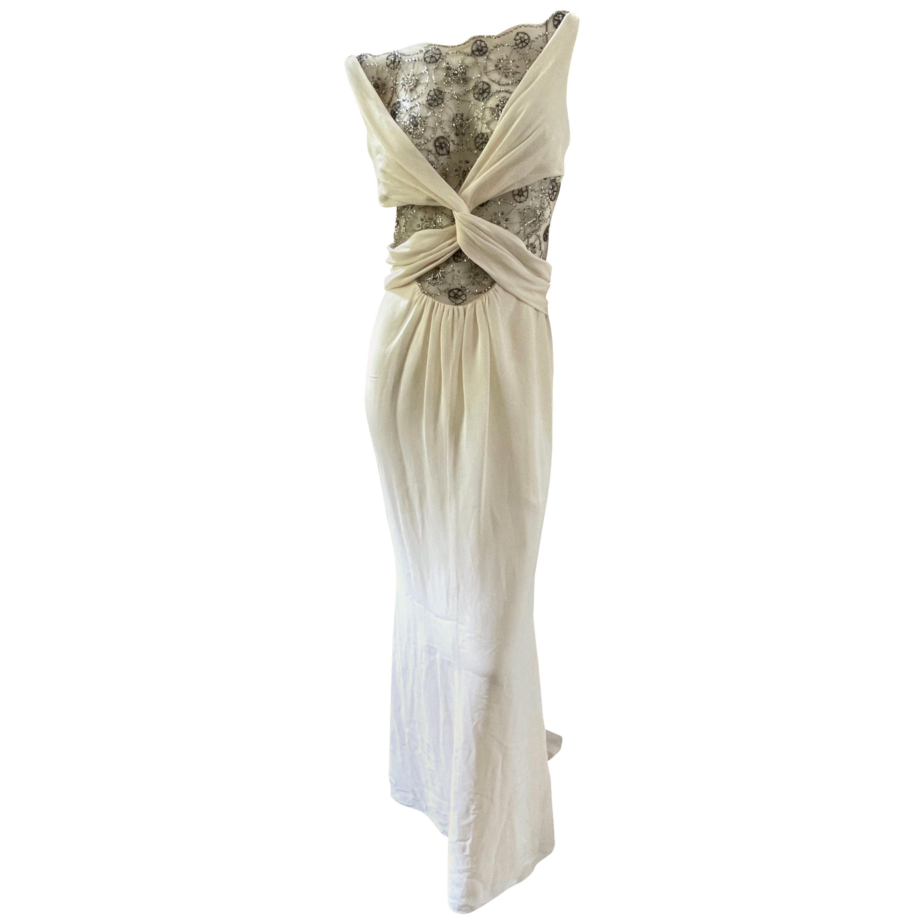 Valentino Sexy Sheer Bead Embellished Ivory Evening Dress from 1994