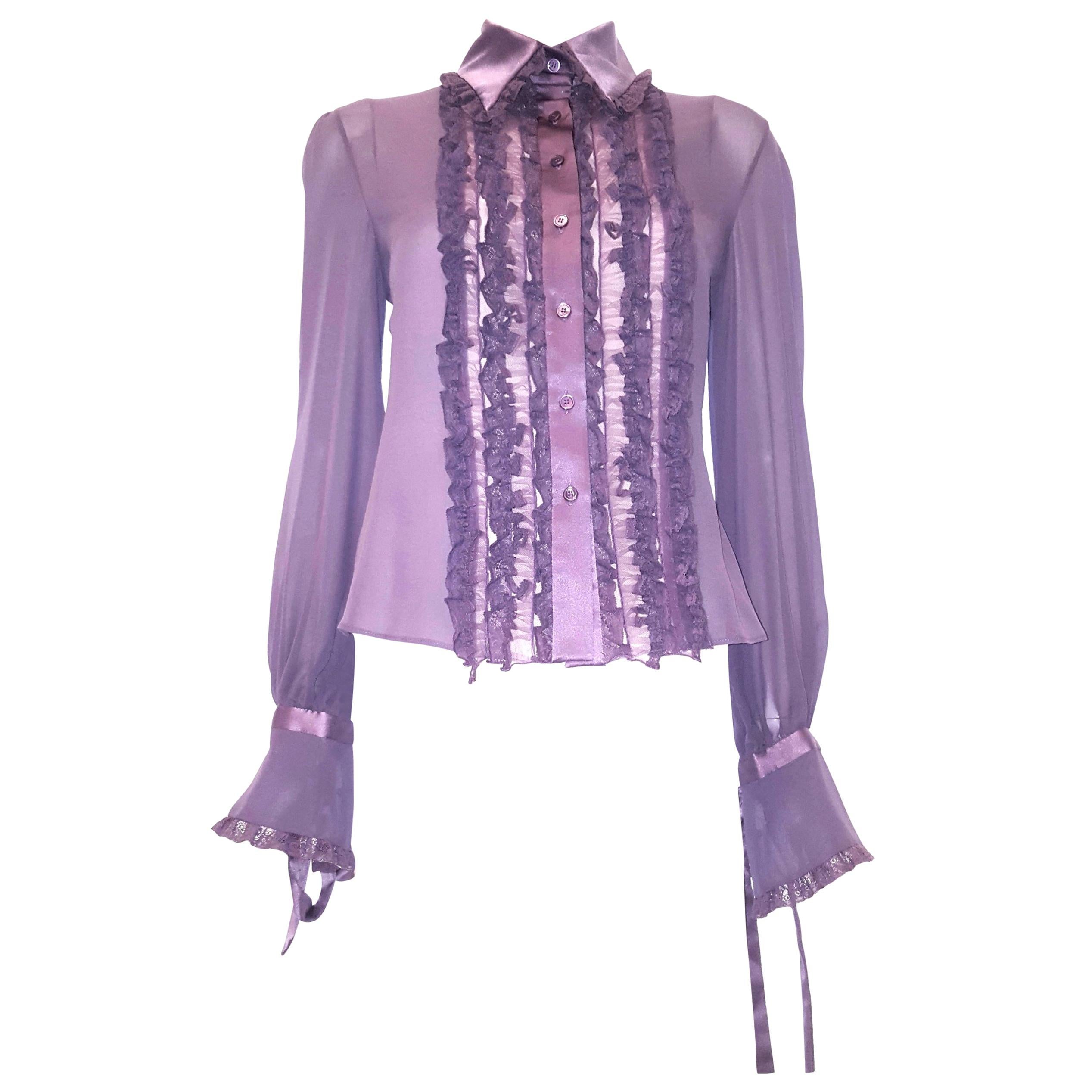 Valentino Sheer Silk Lavender Long Sleeve Blouse 10 US