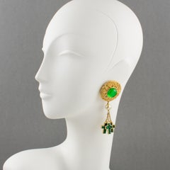 Valentino Signed Green Jewel Clip Earrings Dangling Cross