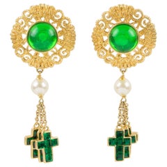 Valentino Signed Green Jewel Clip Earrings Dangling Cross