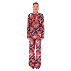 Valentino Silk Crepe Bandana Logo Print Tie Neck Top & Trouser Ensemble