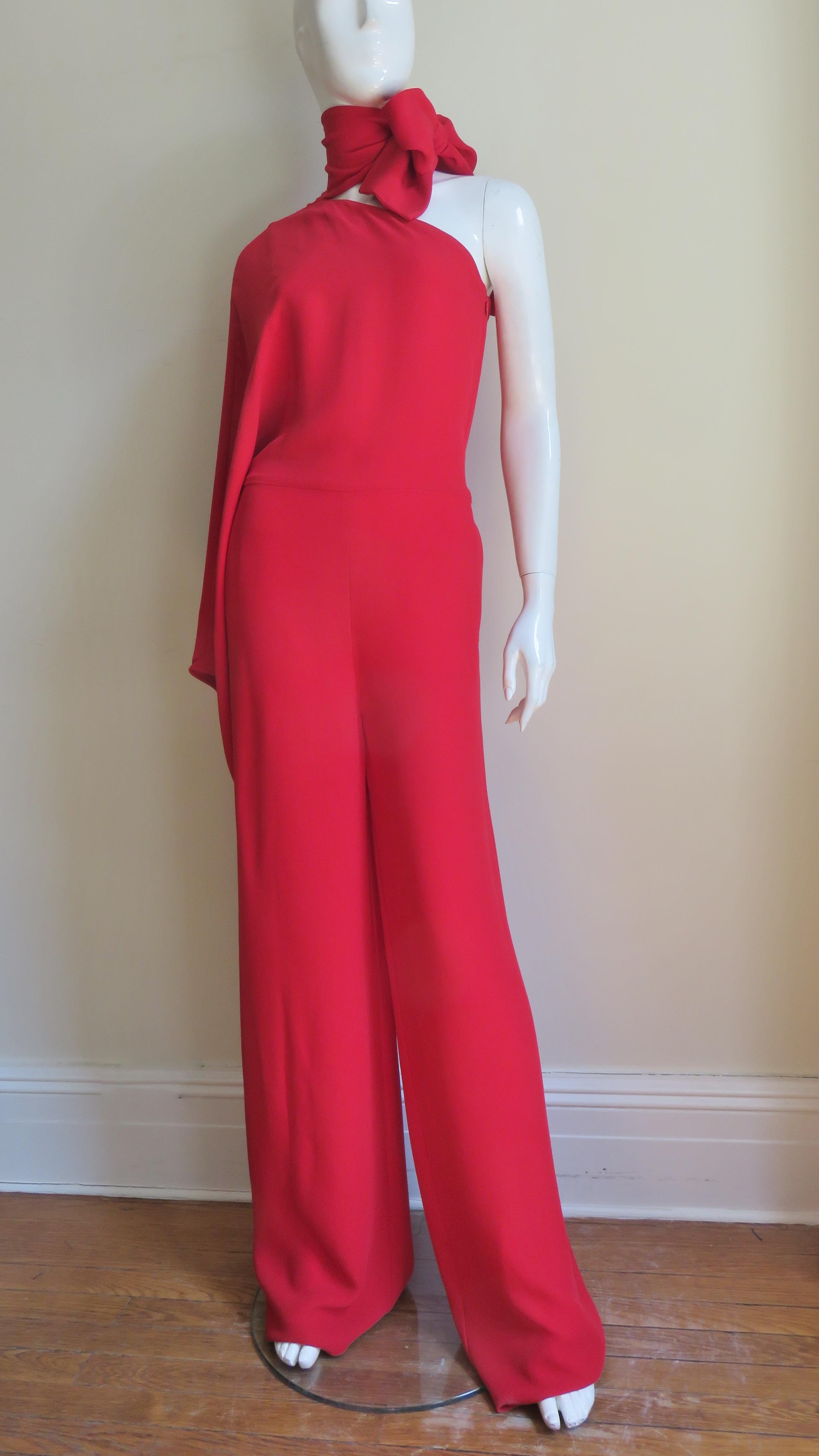 Red Valentino New Silk One Sleeve Jumpsuit with Tie Neck For Sale