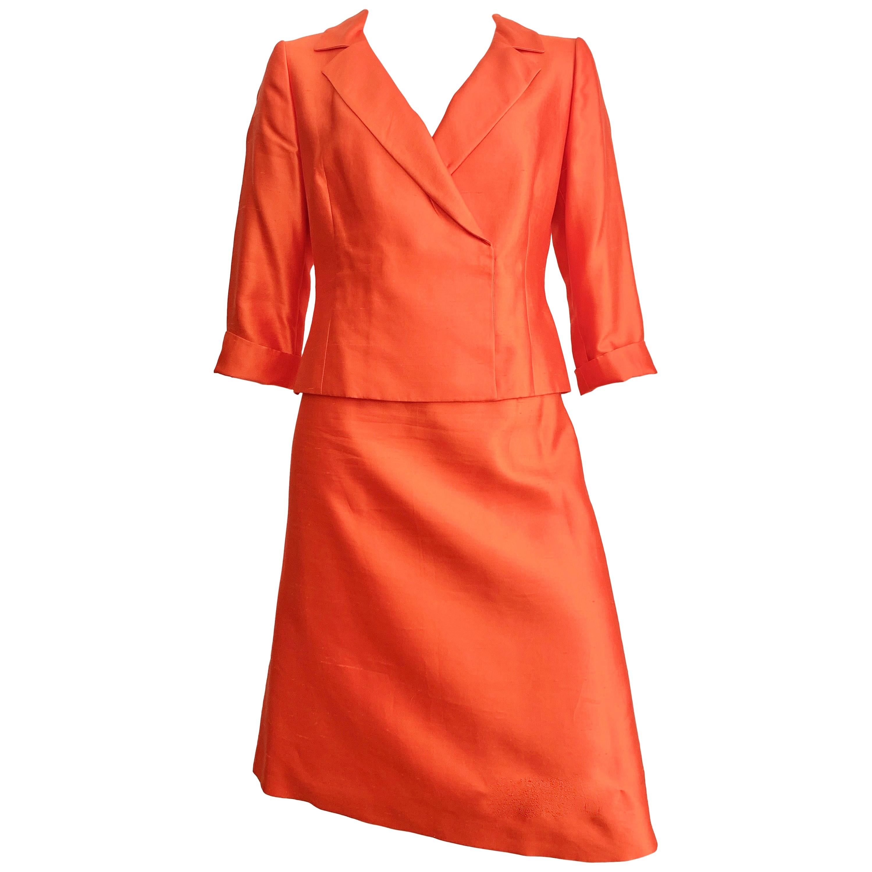 Valentino Silk Orange Skirt Suit Size 10. For Sale