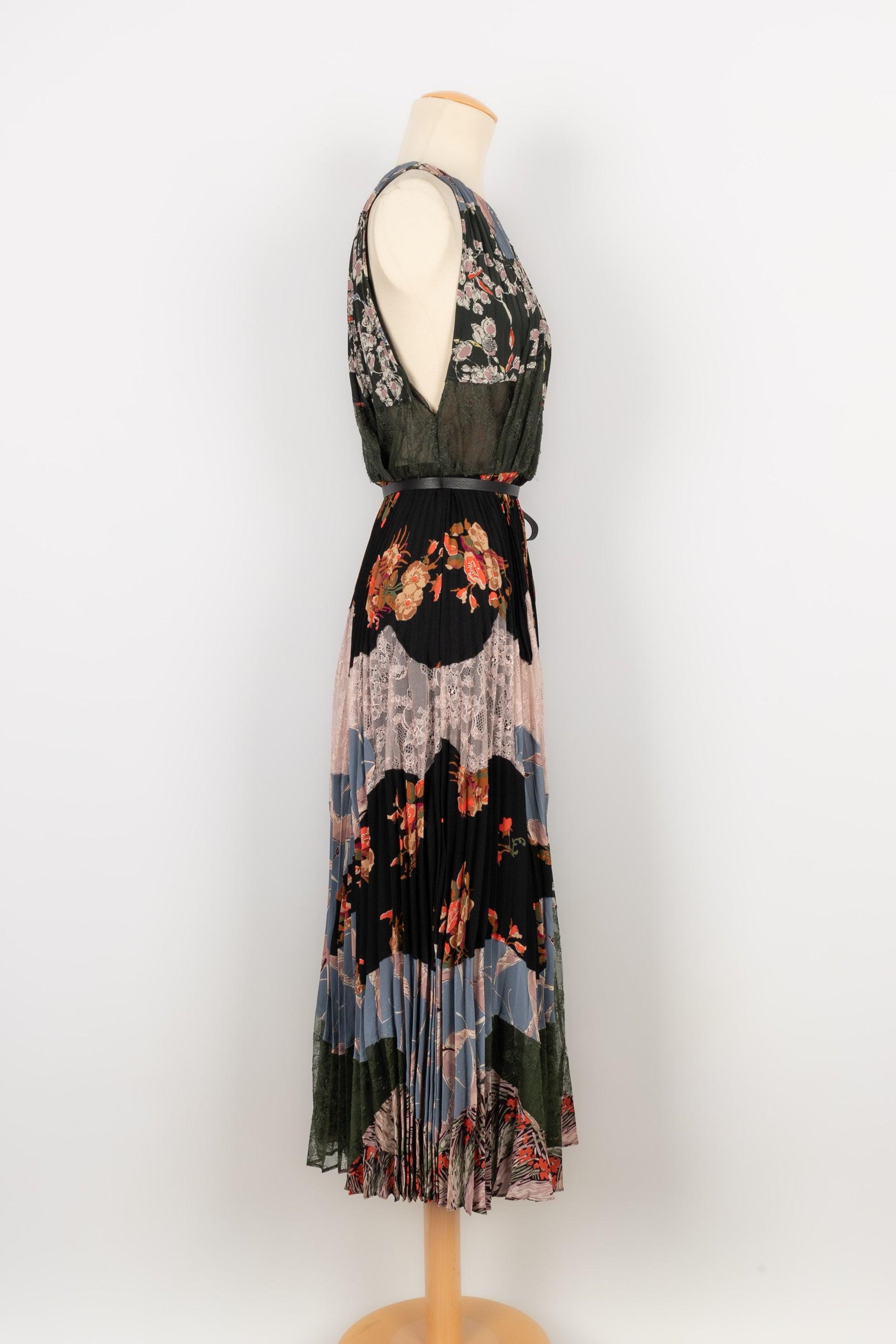 Women's Valentino Silk Pleated Dress with Lace and A Leather Belt