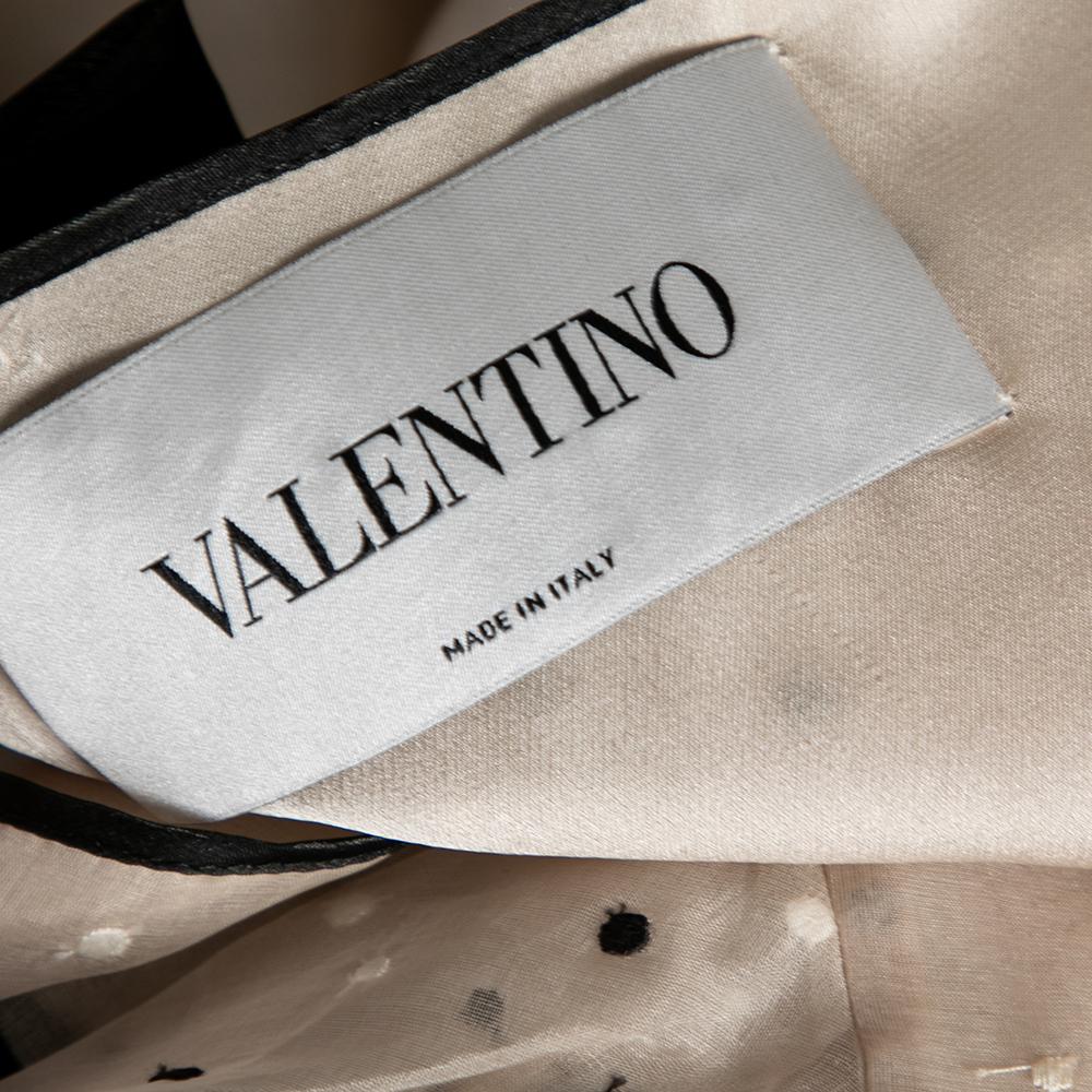 Beige Valentino Silk Polka Dots Embroidered Ruffle Sleeve Bow Waist Flared Dress M
