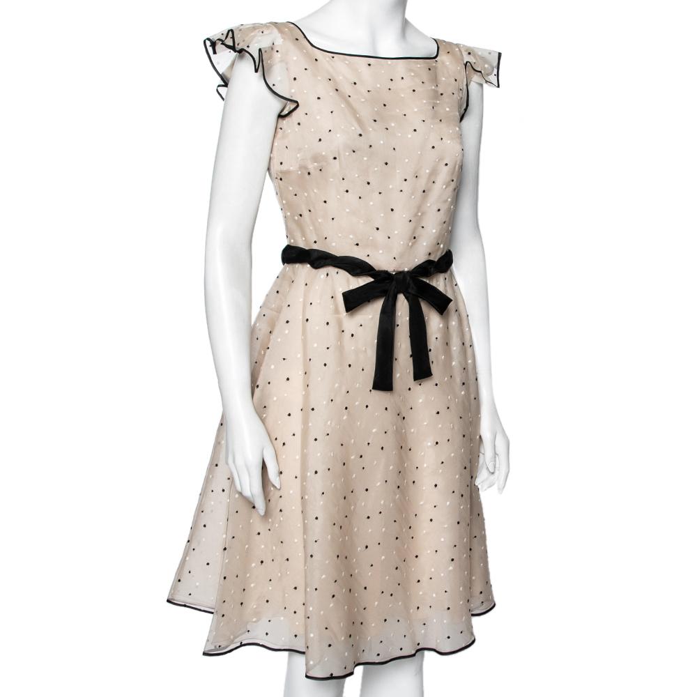 Women's Valentino Silk Polka Dots Embroidered Ruffle Sleeve Bow Waist Flared Dress M