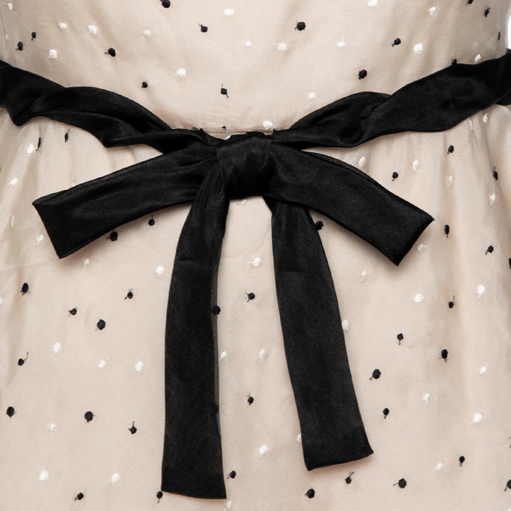 Valentino Silk Polka Dots Embroidered Ruffle Sleeve Bow Waist Flared Dress M 1