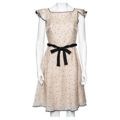 Valentino Silk Polka Dots Embroidered Ruffle Sleeve Bow Waist Flared Dress M