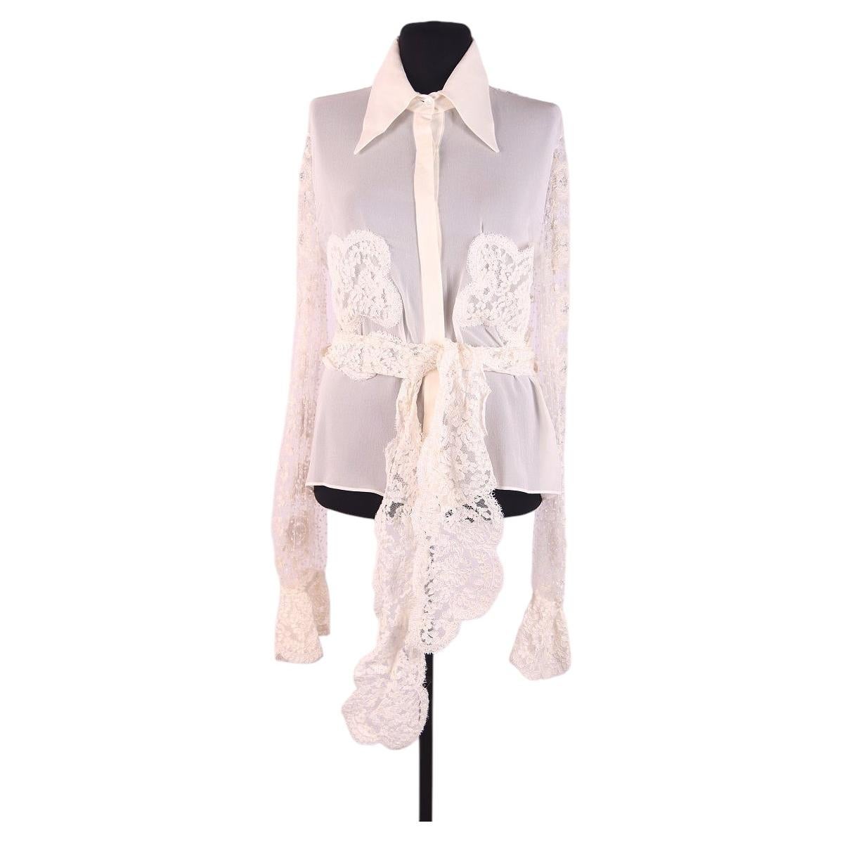 Pre-owned Valentino Silk Shirt With Beaded Embroidery + Lace Bow Belt In Sand