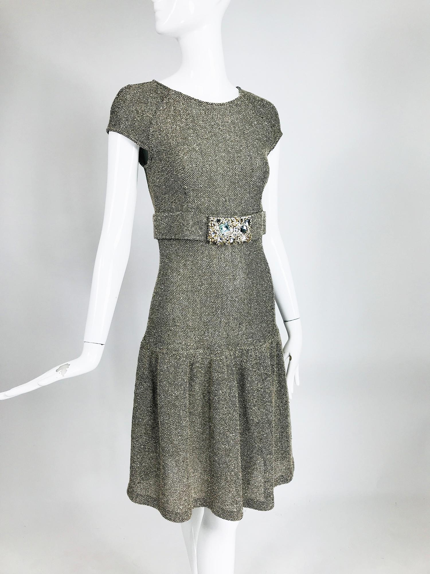 Valentino silk tweed jewel belt dress. Soft 70% silk 30% wool tweed in taupe, back and cream, woven with a bit of stretch. The dress has a round open neckline and cap sleeves, the torso is fitted to below the hip with a gathered skirt below. A wide