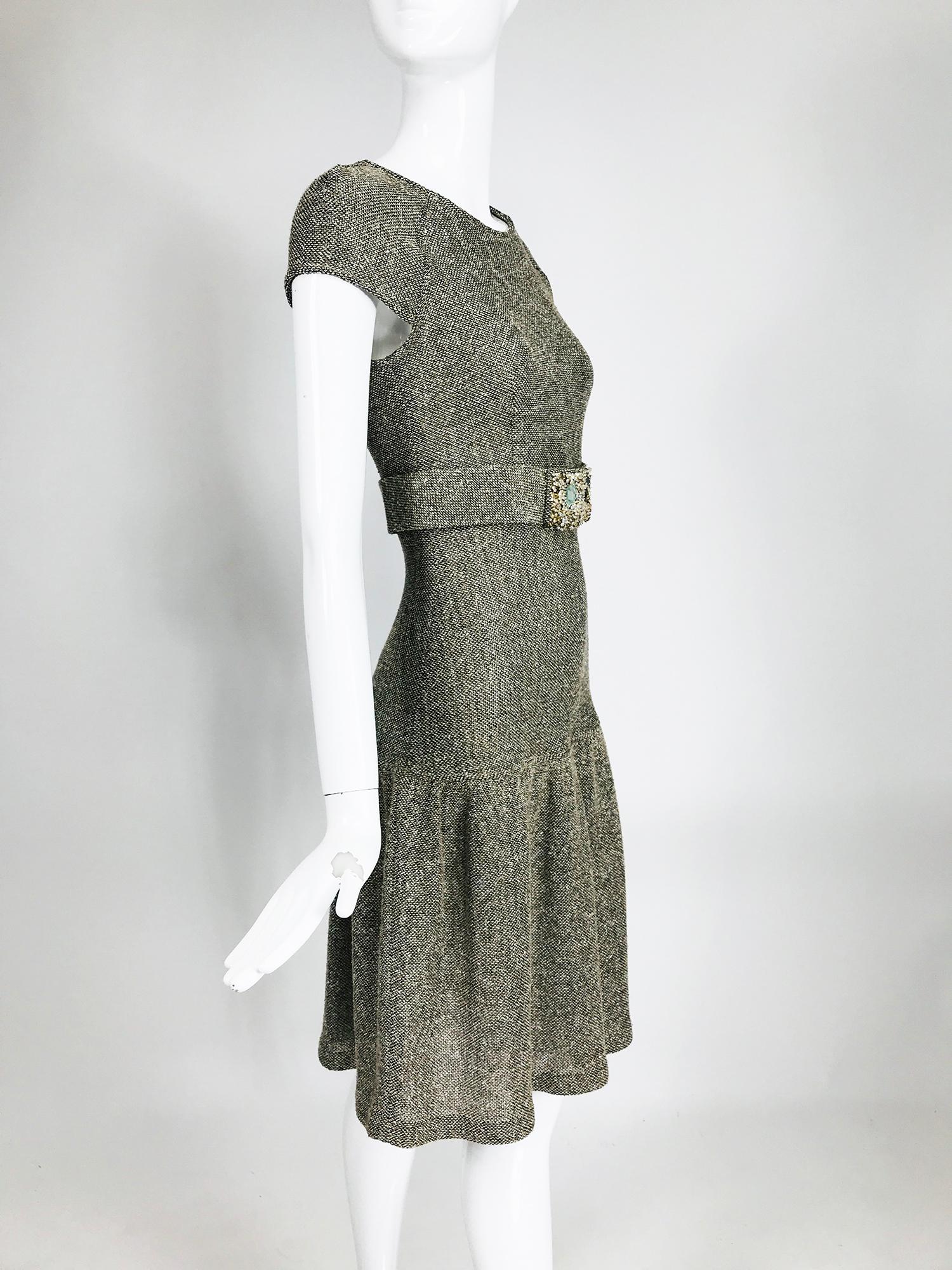 Gray Valentino Silk Tweed Jewel Belt Dress