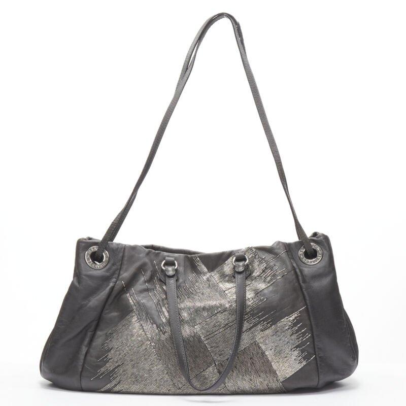 Silver VALENTINO silver bead embellished grey leather crossbody large tote bag For Sale