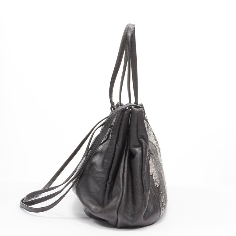 VALENTINO silver bead embellished grey leather crossbody large tote bag