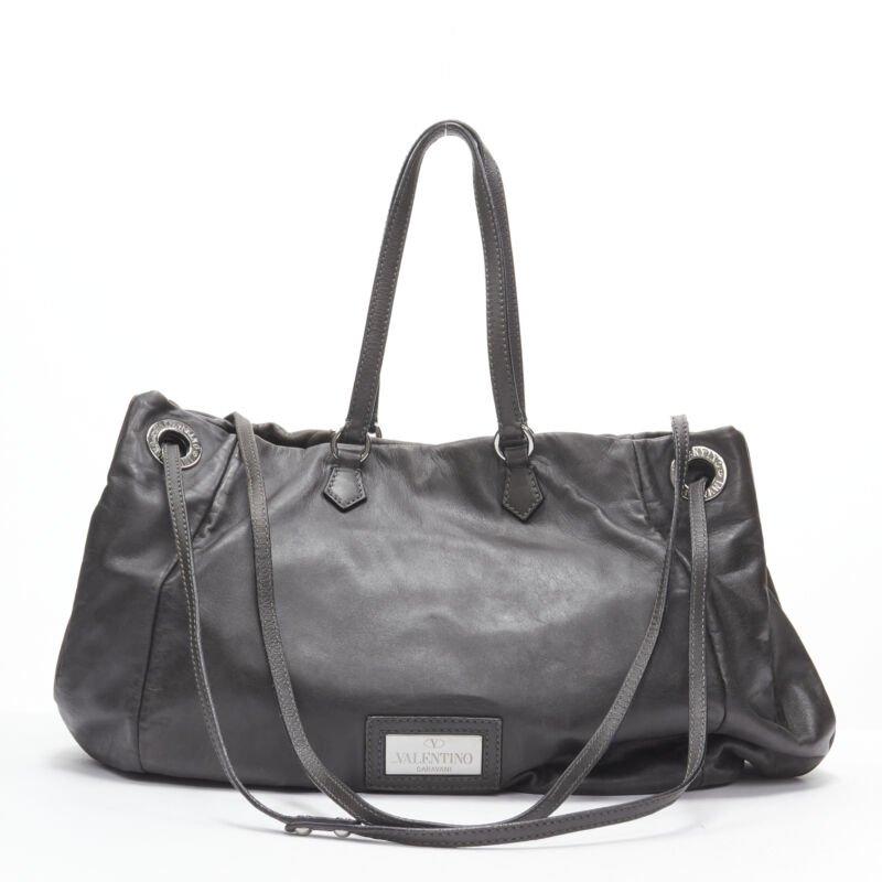 VALENTINO silver bead embellished grey leather crossbody large tote bag For Sale 1
