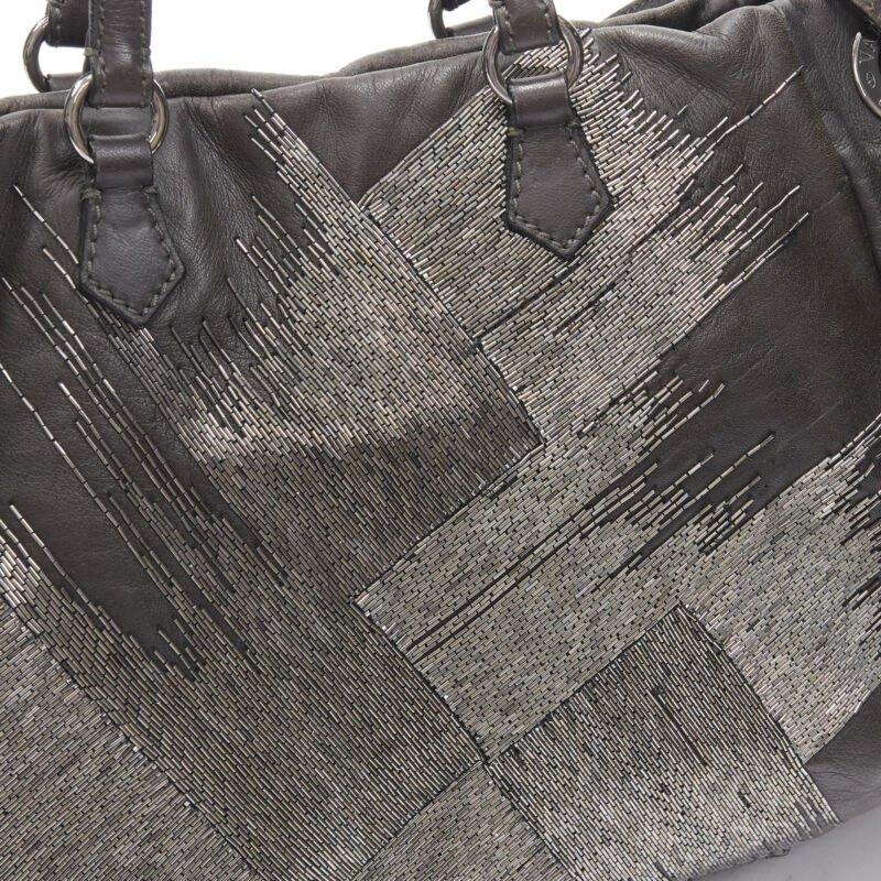 VALENTINO silver bead embellished grey leather crossbody large tote bag For Sale 3