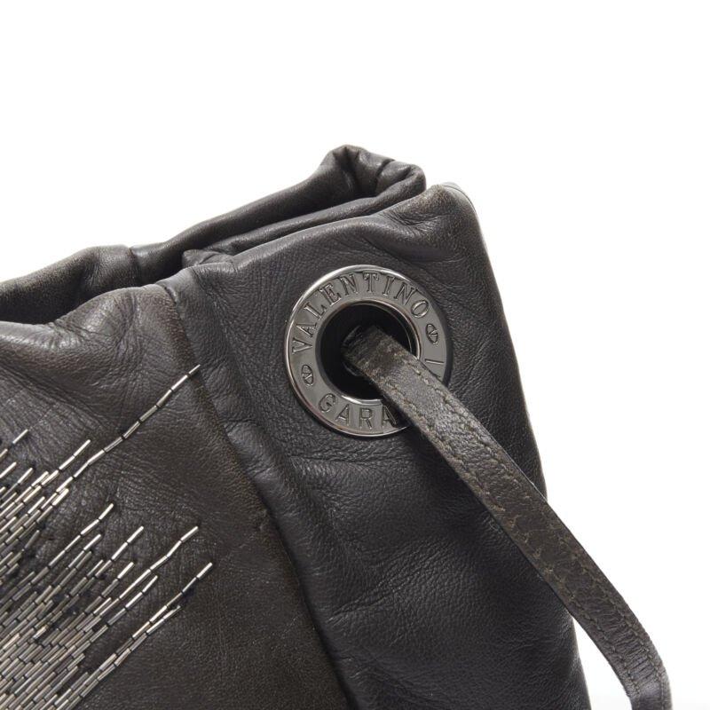 VALENTINO silver bead embellished grey leather crossbody large tote bag For Sale 4