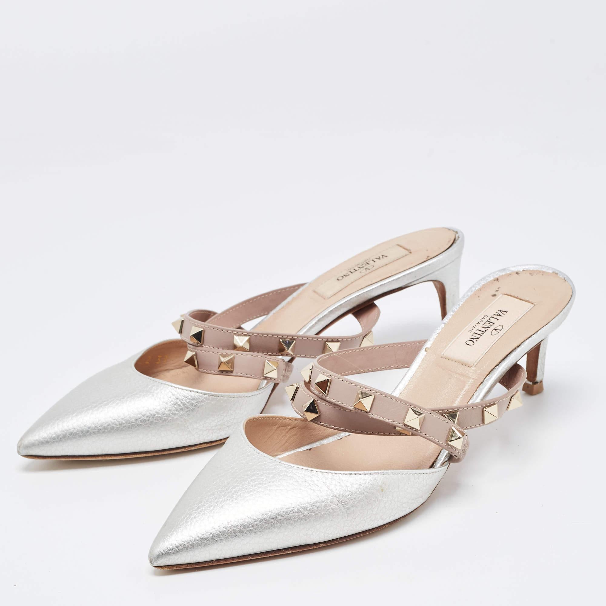Valentino Silver/Beige Leather Rockstud Mules Size 37 2