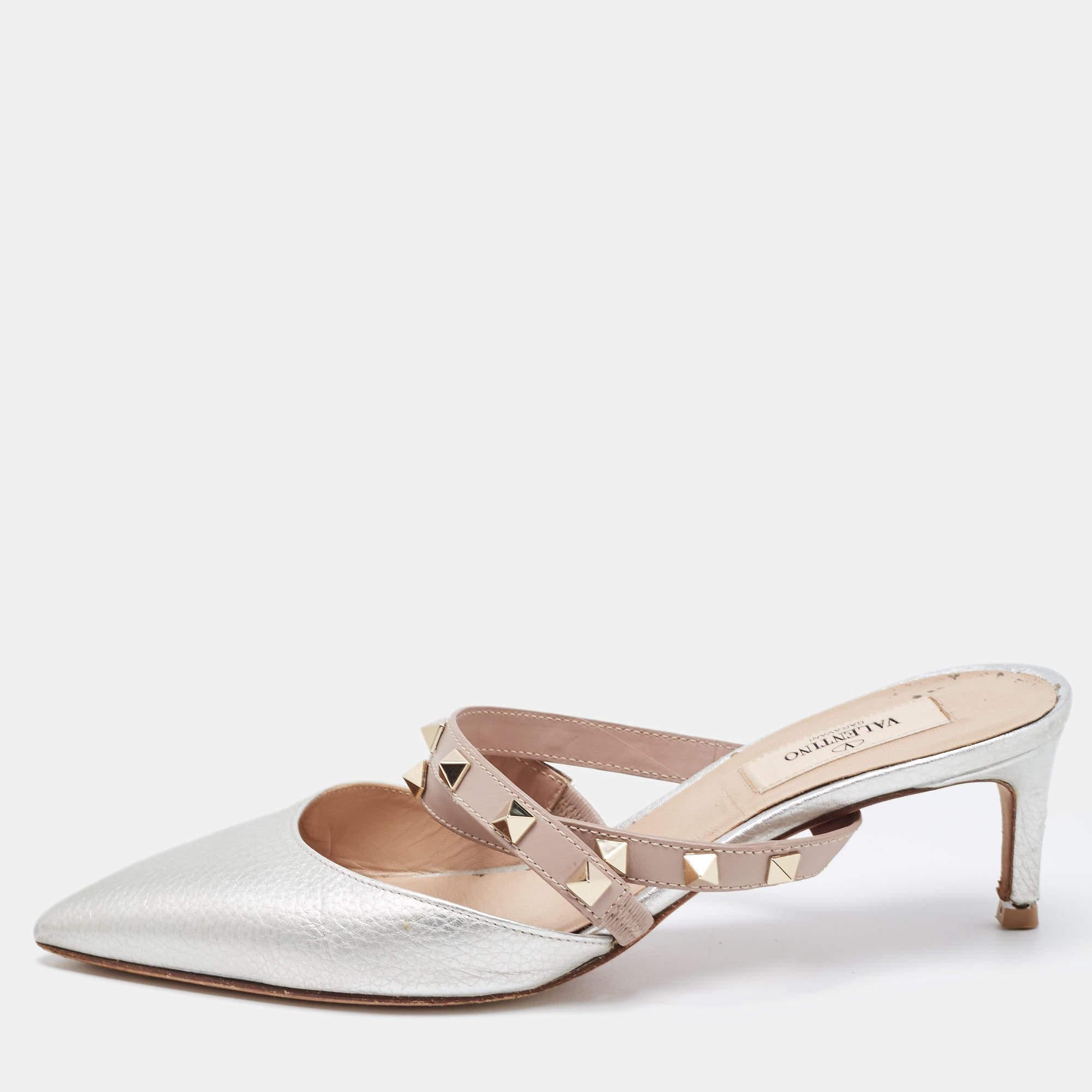 Valentino Silver/Beige Leather Rockstud Mules Size 37 3