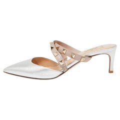 Valentino Silver/Beige Leather Rockstud Strappy Pointed Toe Sandals Size 36