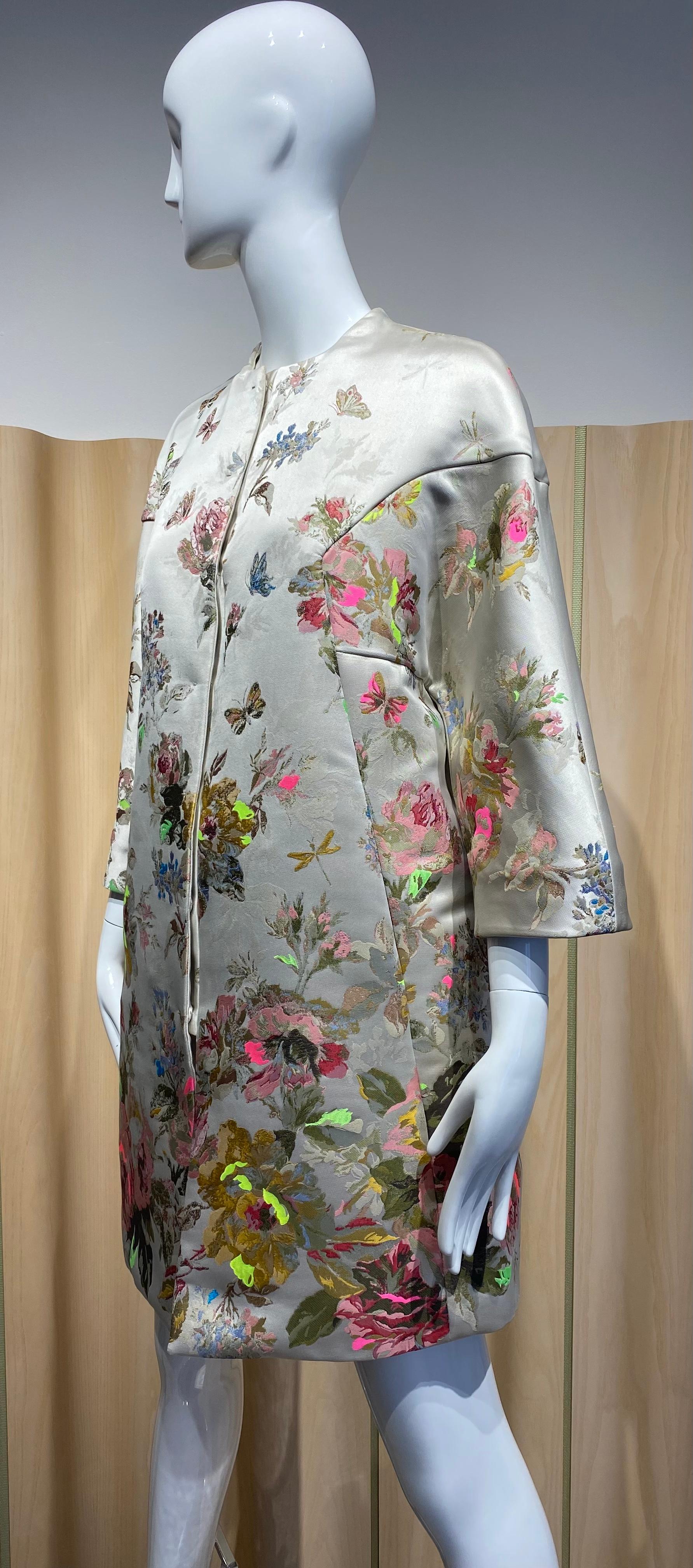 VALENTINO Silver Brocade Floral Print Coat 7
