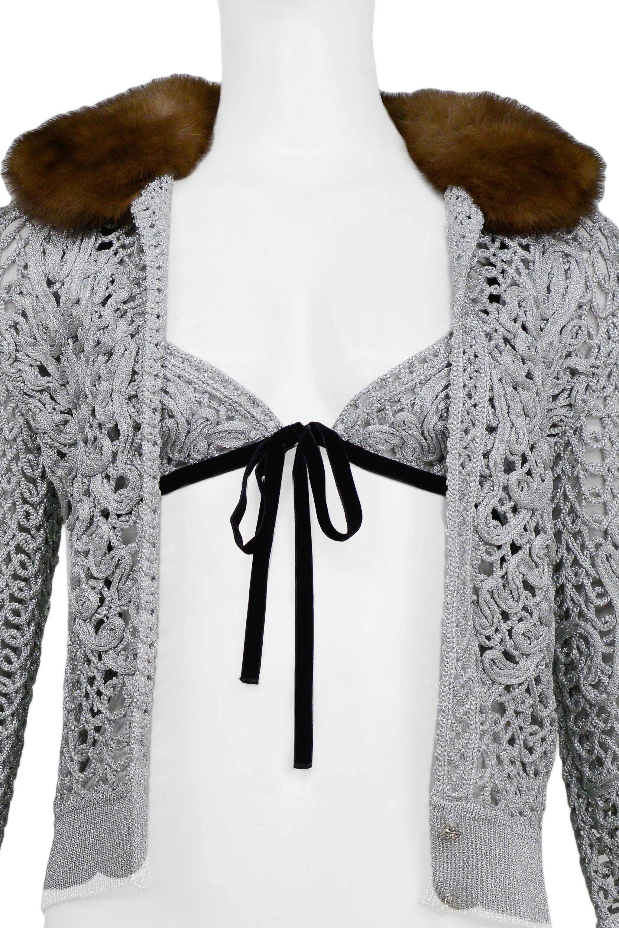 Valentino Silver Crochet Cardigan With Fur Collar & Bikini Top 2004 For Sale 1