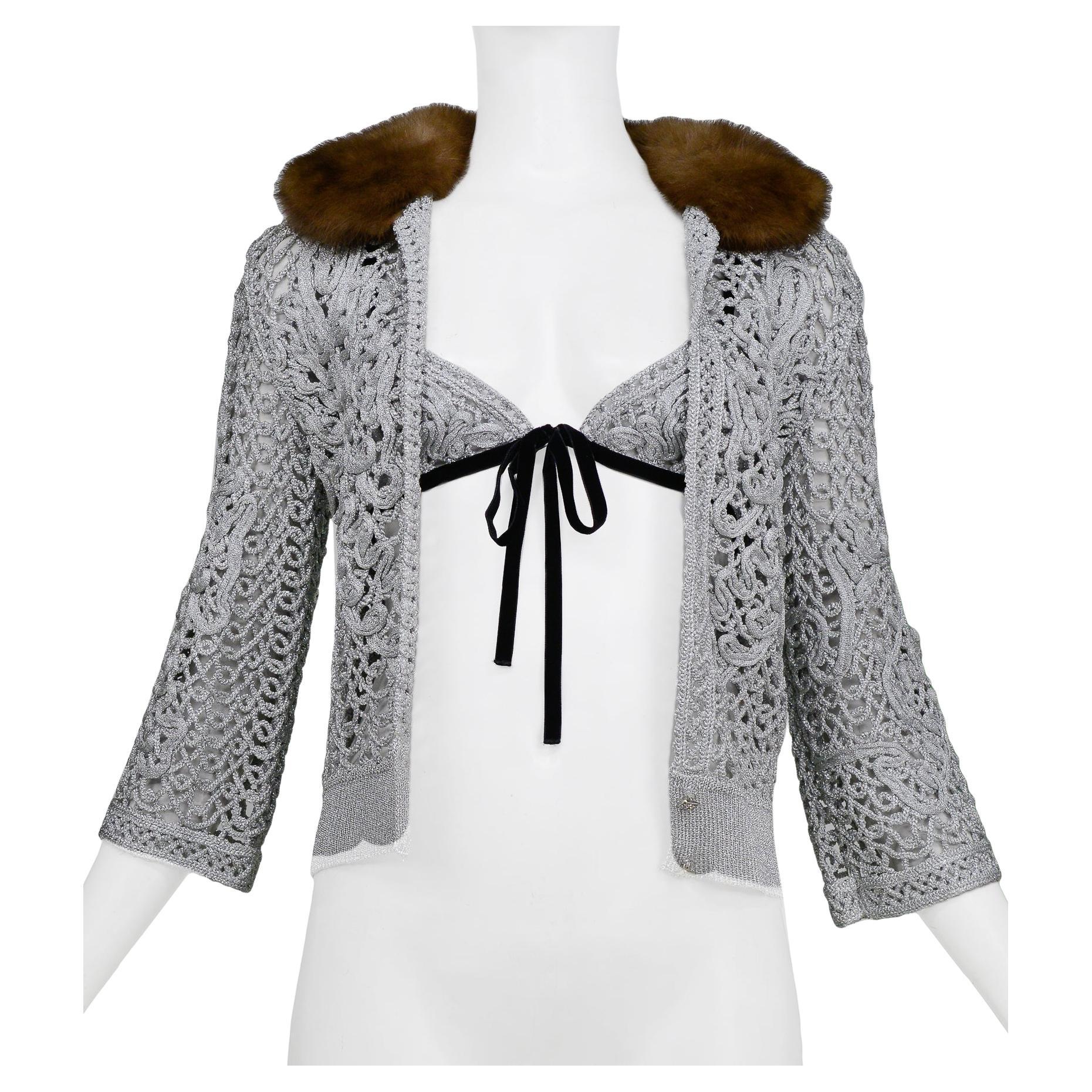 Valentino Silver Crochet Cardigan With Fur Collar & Bikini Top 2004 For Sale