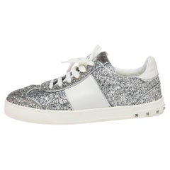Valentino Silver Glitter and Leather Fly Crew Low Top Sneakers Size 41
