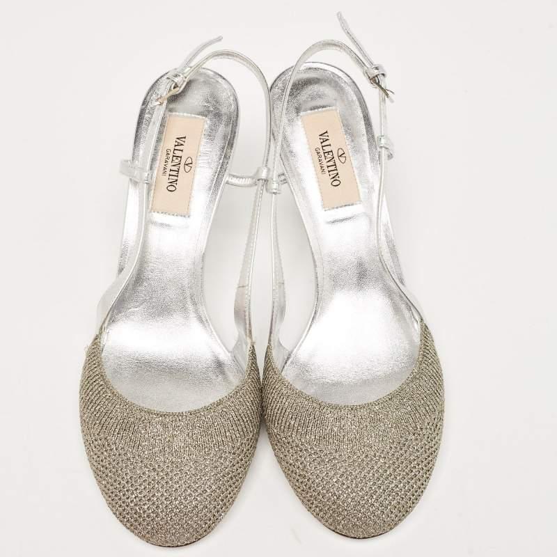 Valentino Silver Leather and Fabric Slingback Pumps Size 37 3