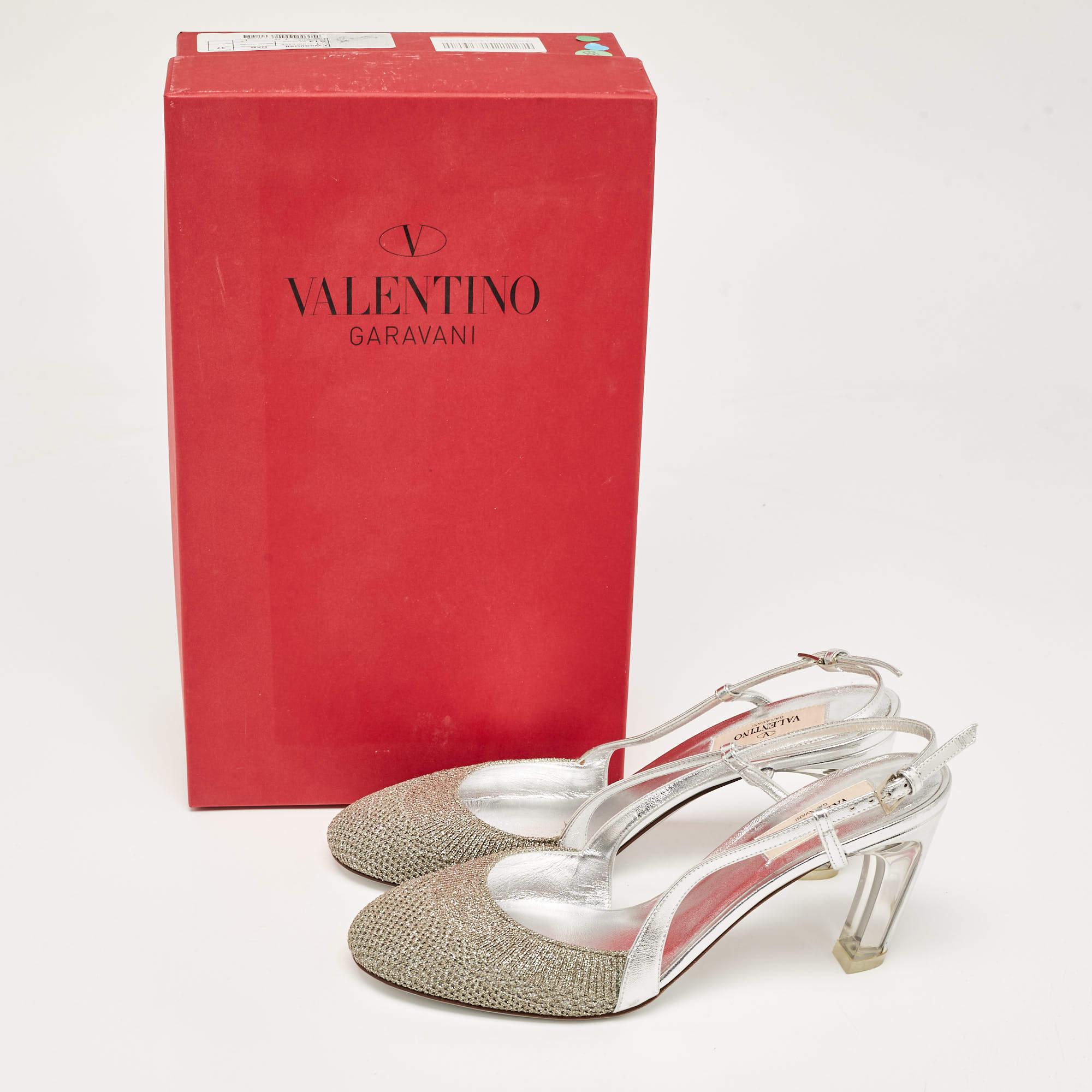 Valentino Silver Leather and Fabric Slingback Pumps Size 37 5