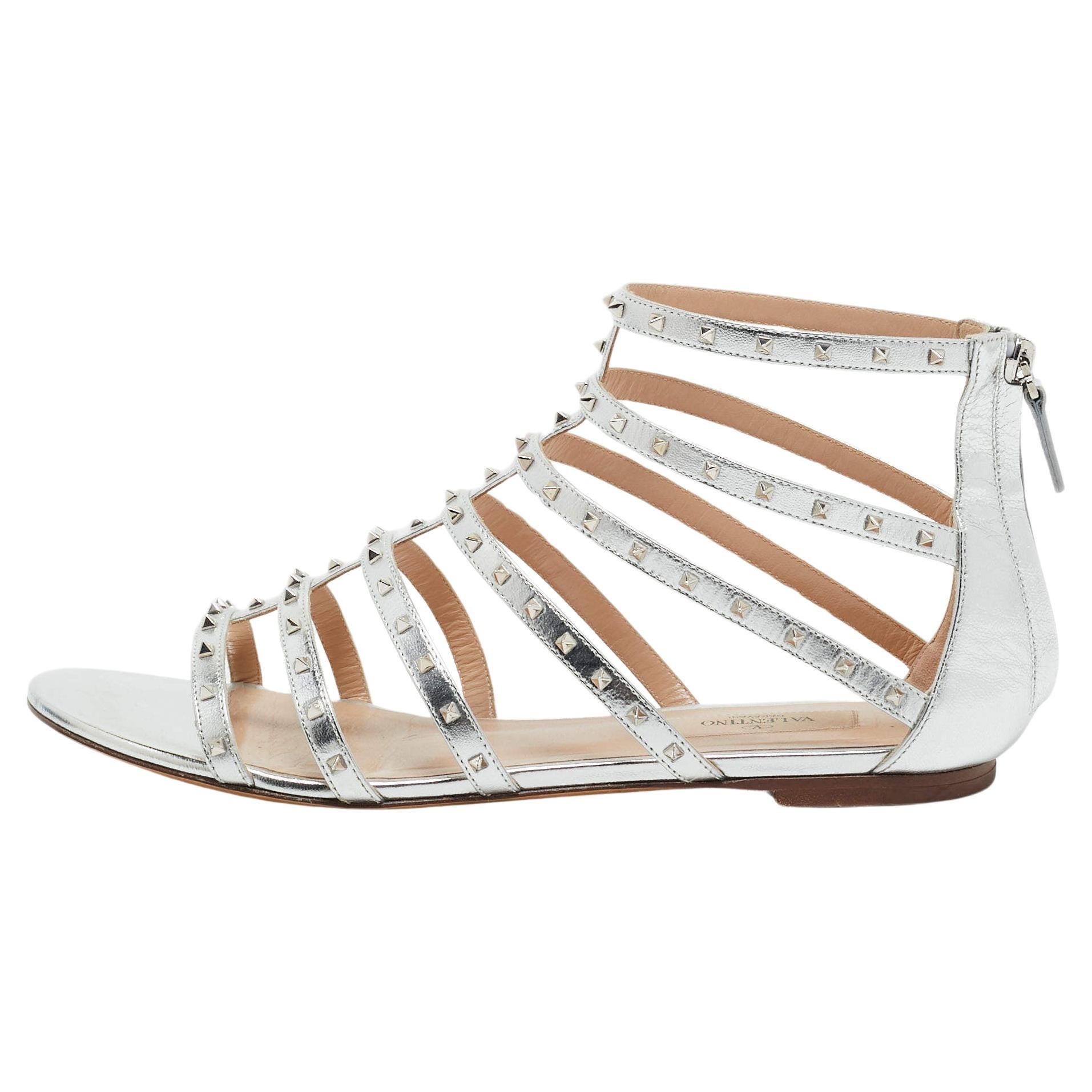 Valentino Silver Leather Love Latch Cross Strap Flat Gladiator Sandals Size 39.5 For Sale