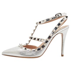 Valentino Silver Leather Rockstud Ankle Strap Pumps Size 36.5