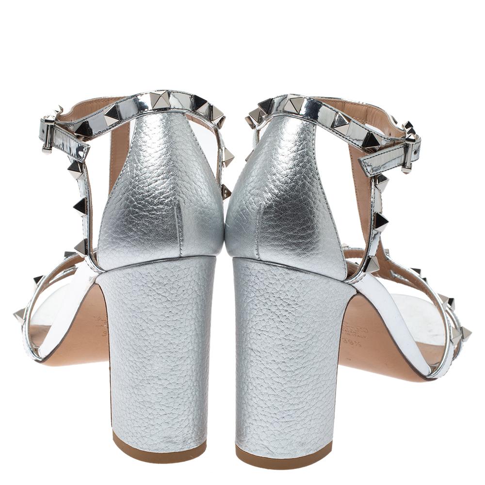 Valentino Silver Leather Rockstud Ankle Strap Sandals Size 39.5 1