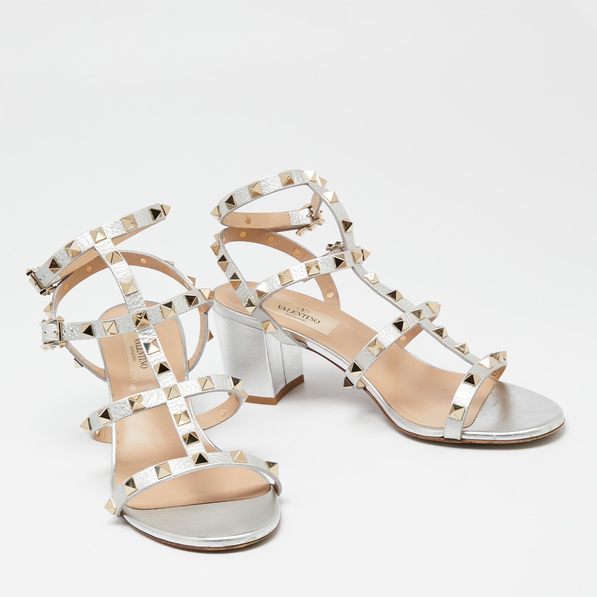 Women's Valentino Silver Leather Rockstud Cage Sandals Size 38