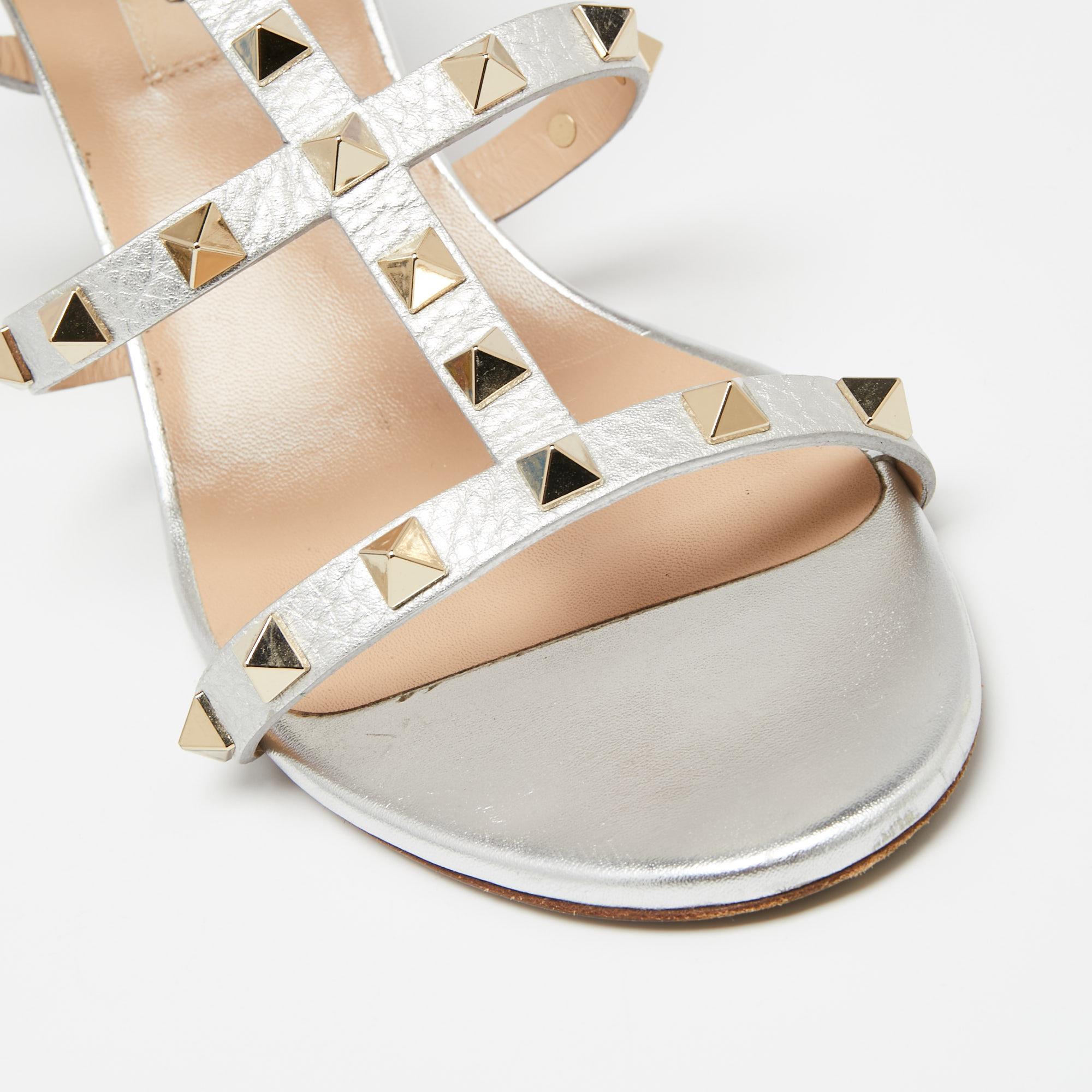 Valentino Silver Leather Rockstud Cage Sandals Size 38 2