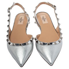 Valentino Silver Leather Rockstud Flat Slingback Sandals Size 38