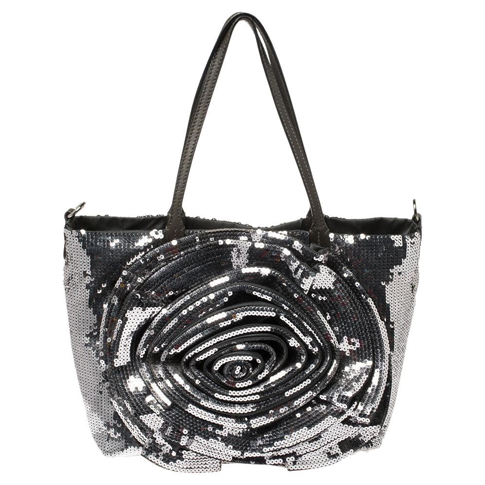 Valentino Black and White Silk Rosier Roses Tote Bag For Sale at 1stDibs