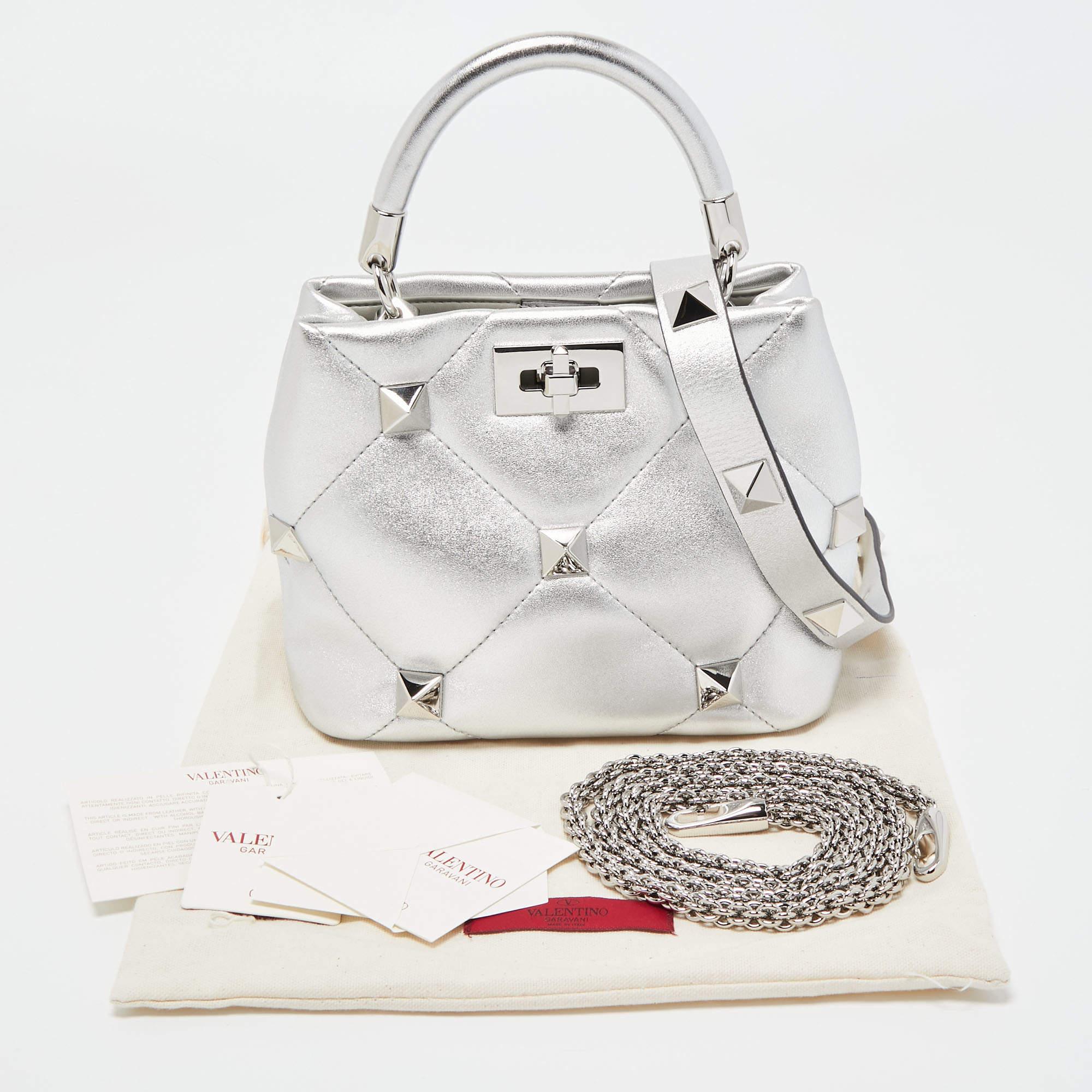 Valentino Silver Quilted Leather Small Roman Stud Top Handle Bag 7