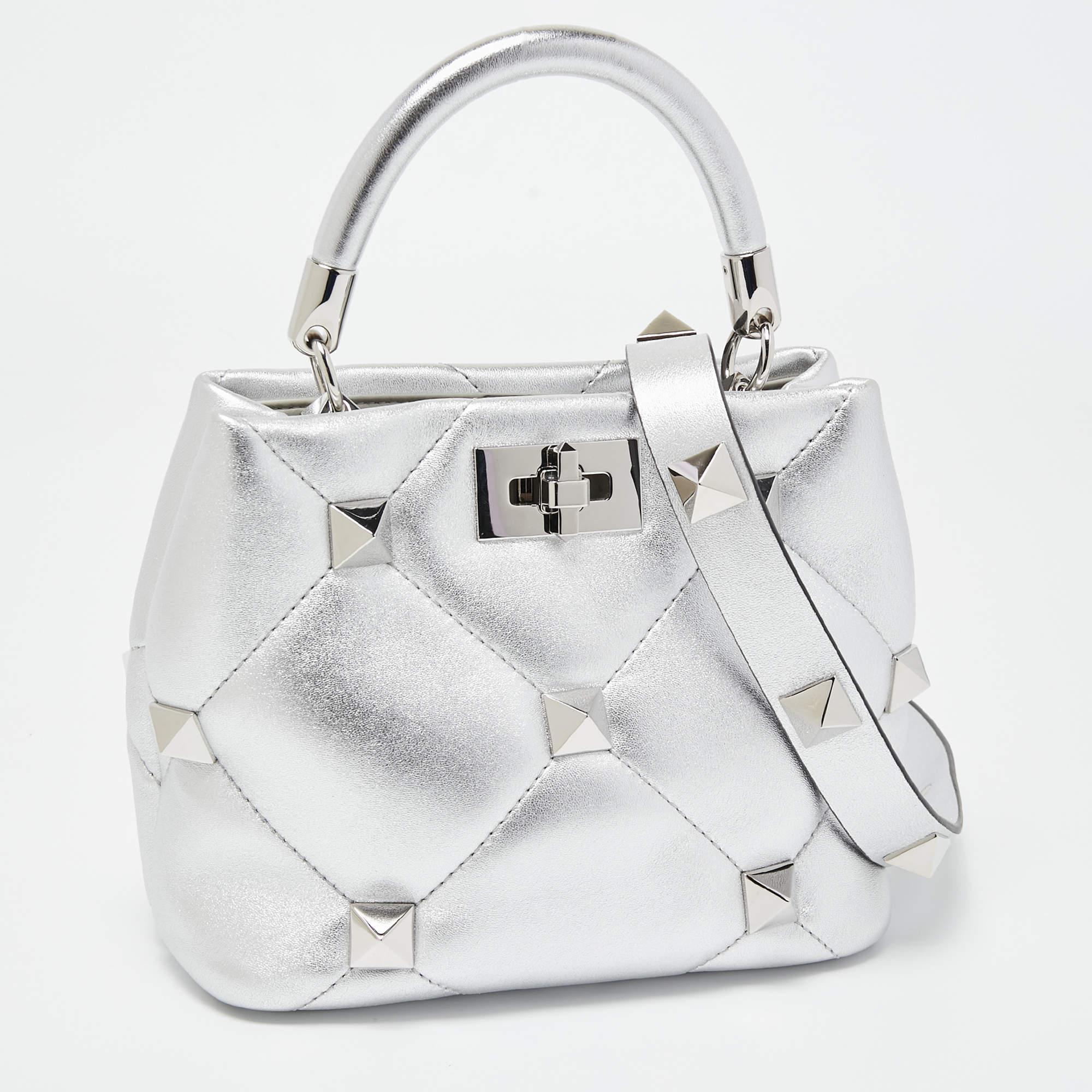 Women's Valentino Silver Quilted Leather Small Roman Stud Top Handle Bag