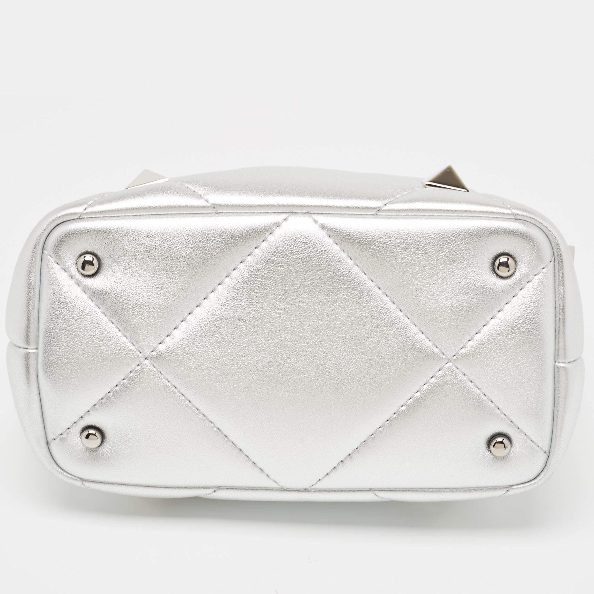 Women's Valentino Silver Quilted Leather Small Roman Stud Top Handle Bag