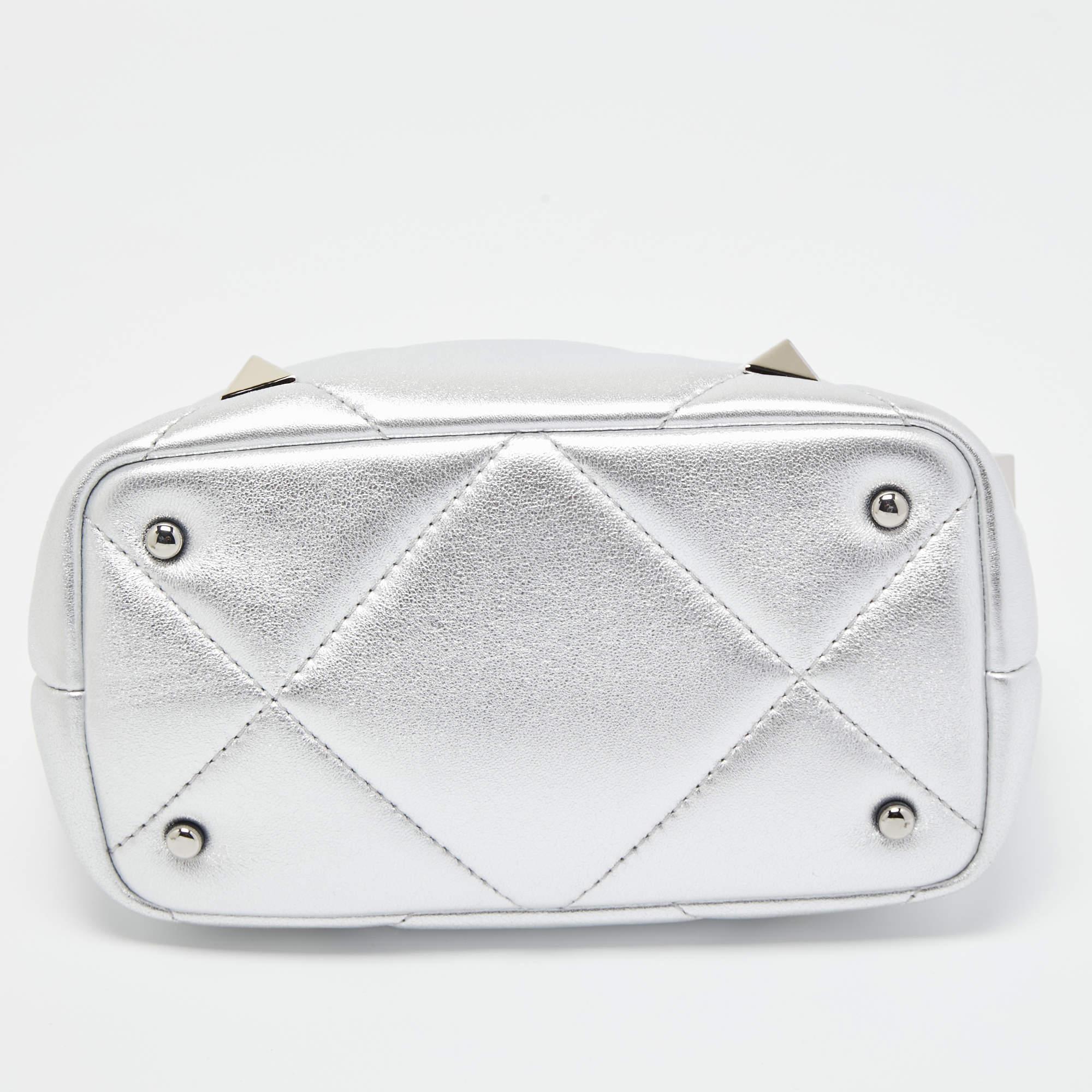 Valentino Silver Quilted Leather Small Roman Stud Top Handle Bag 1