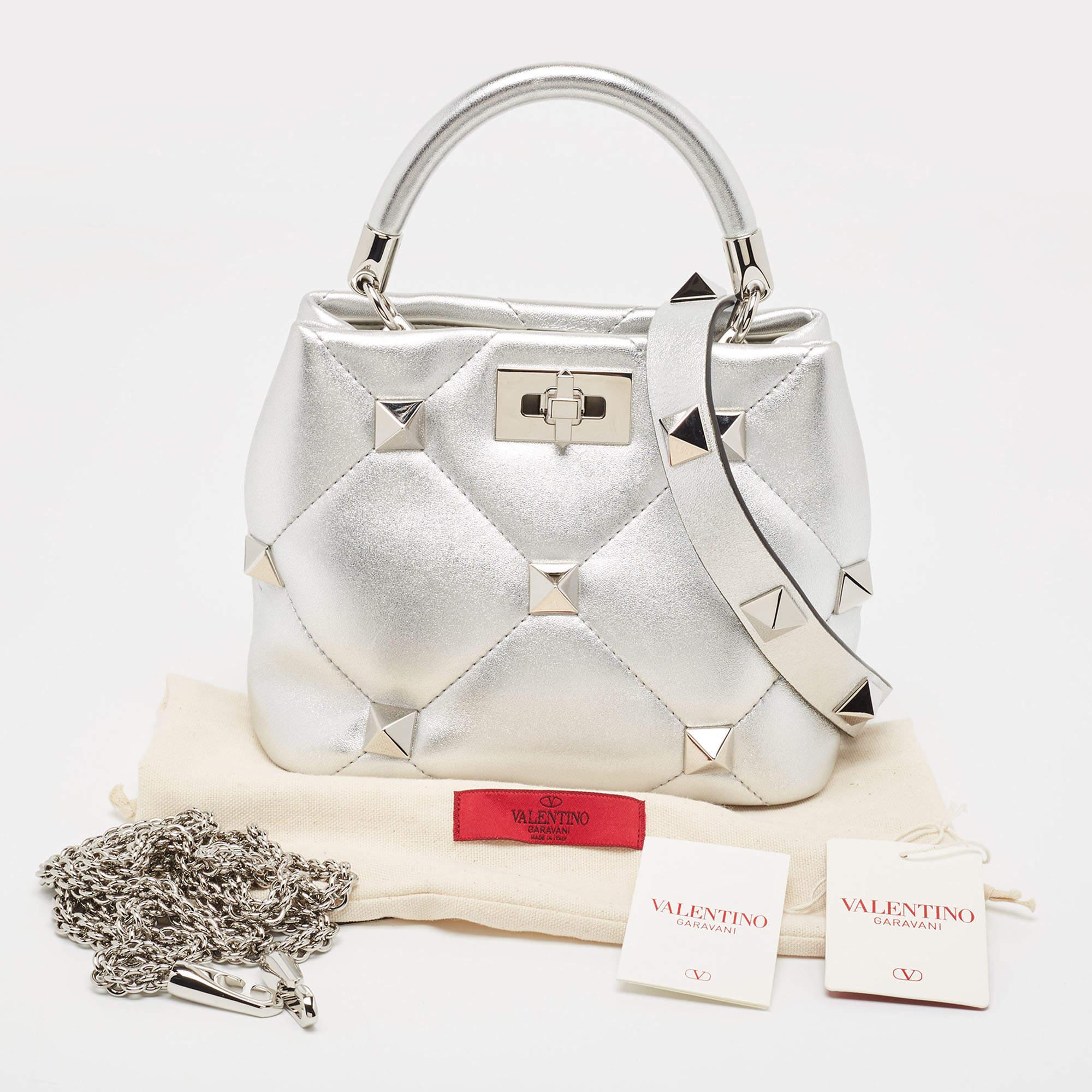 Valentino Silver Quilted Leather Small Roman Stud Top Handle Bag 2