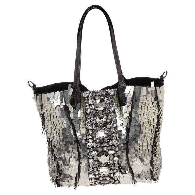 Valentino Silver Sequins And Satin Crystal Embellished Tote