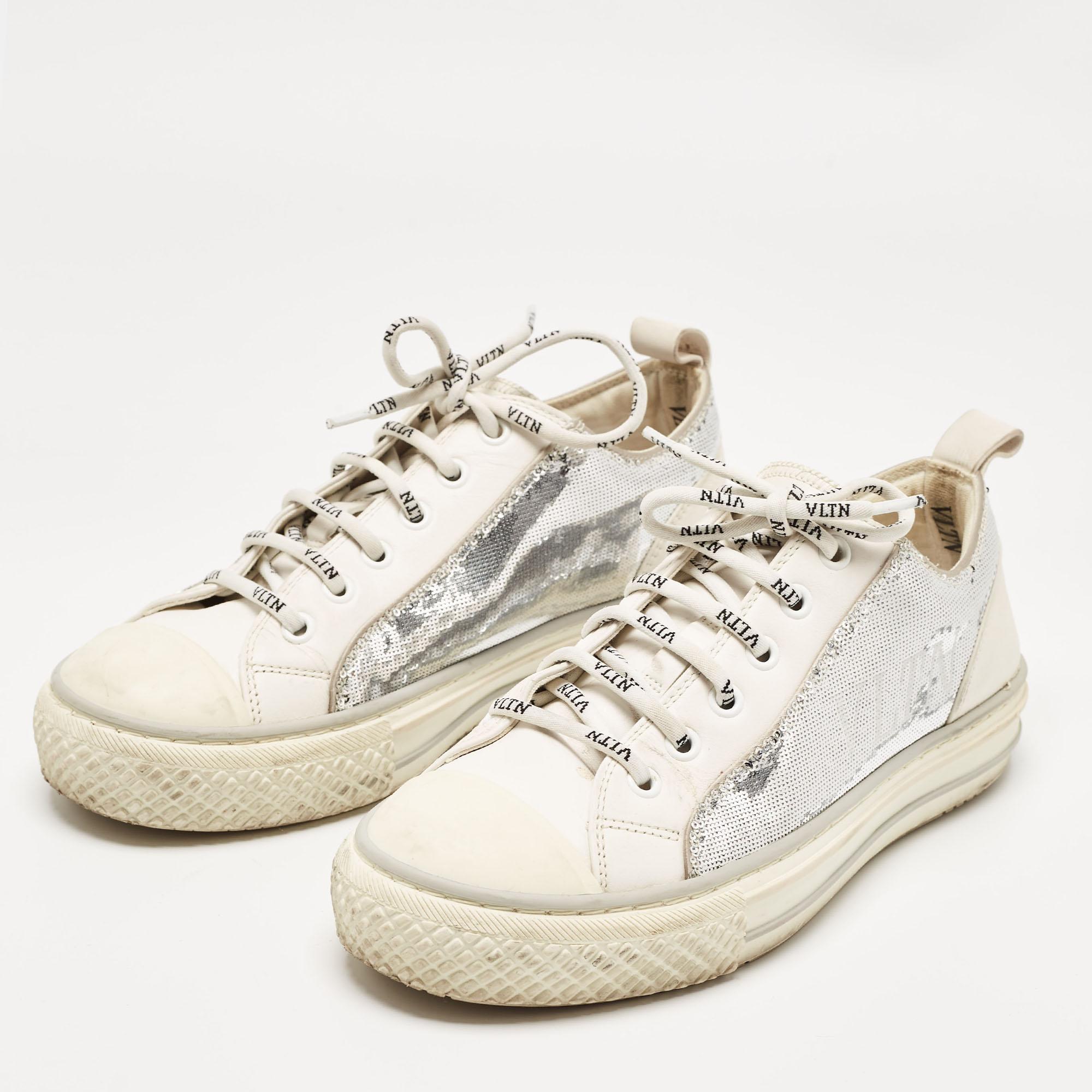 Valentino Silver/White Leather and Sequins Lace Up Sneakers Size 36 For Sale 2