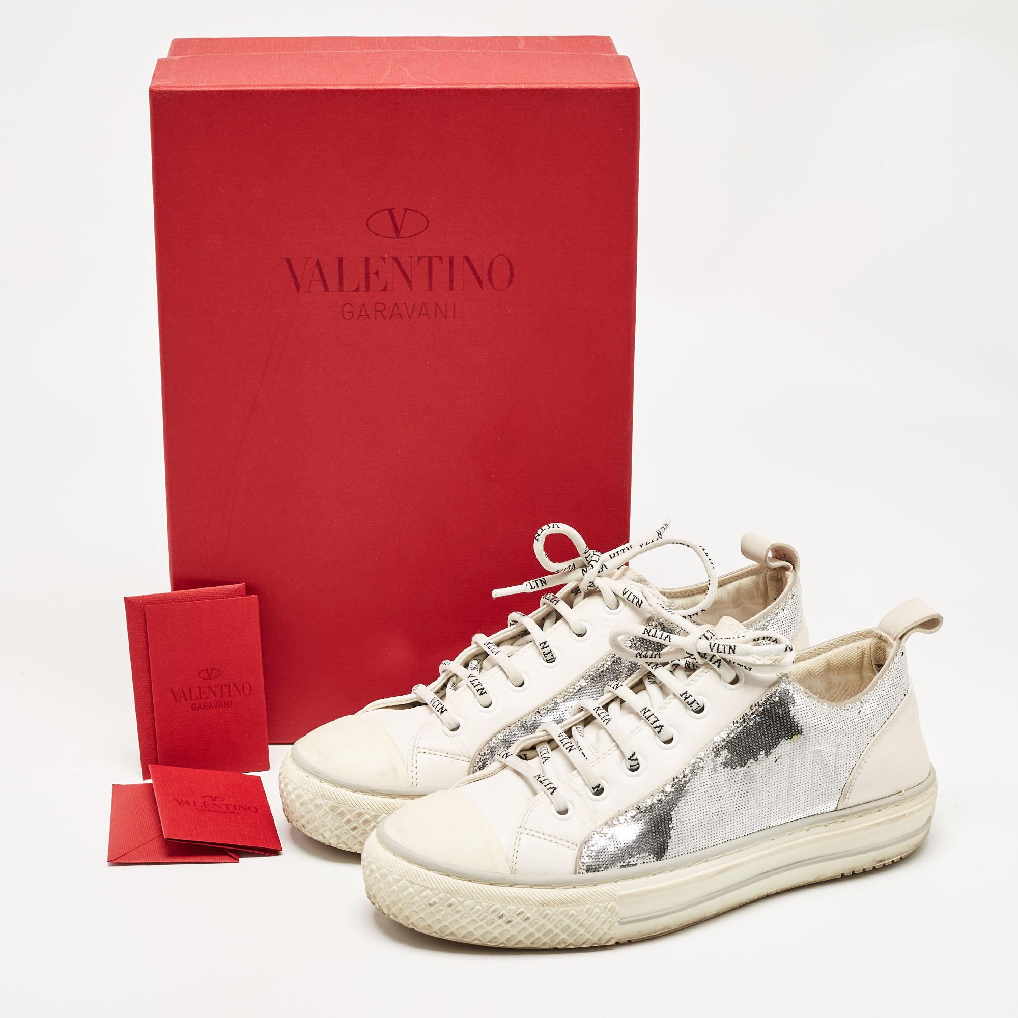 Valentino Silver/White Leather and Sequins Lace Up Sneakers Size 36 For Sale 5